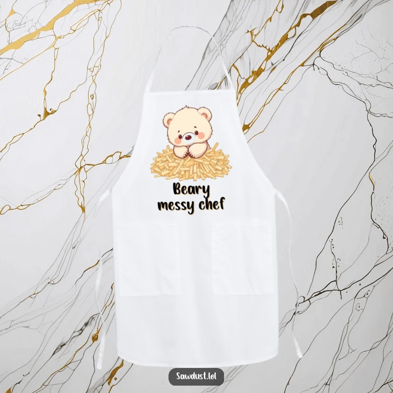 Funny apron showing a cute, fluffy bear cub joyfully playing amidst a pile of wood shavings, perfect for cooking.