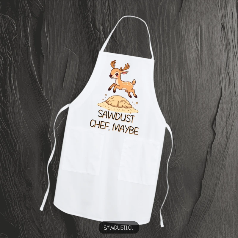 Funny apron illustration of a deer performing an energetic jump over a small pile of sawdust, ideal for the kitchen.