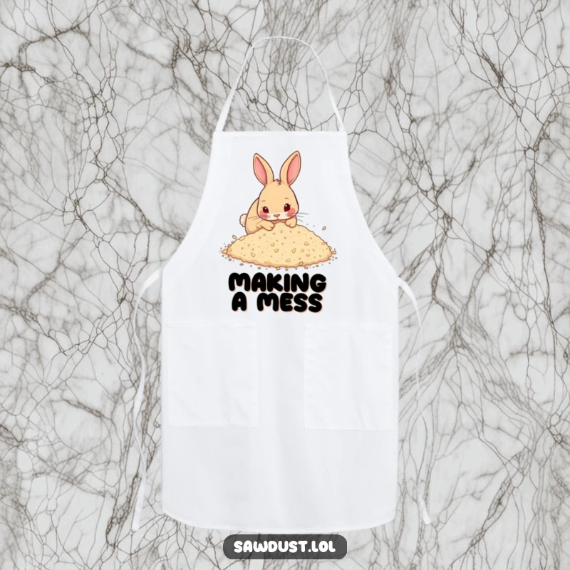 Funny Apron showing a curious rabbit energetically digging in sawdust, ideal for a playful cook or gardener, a humorous kitchen accessory.