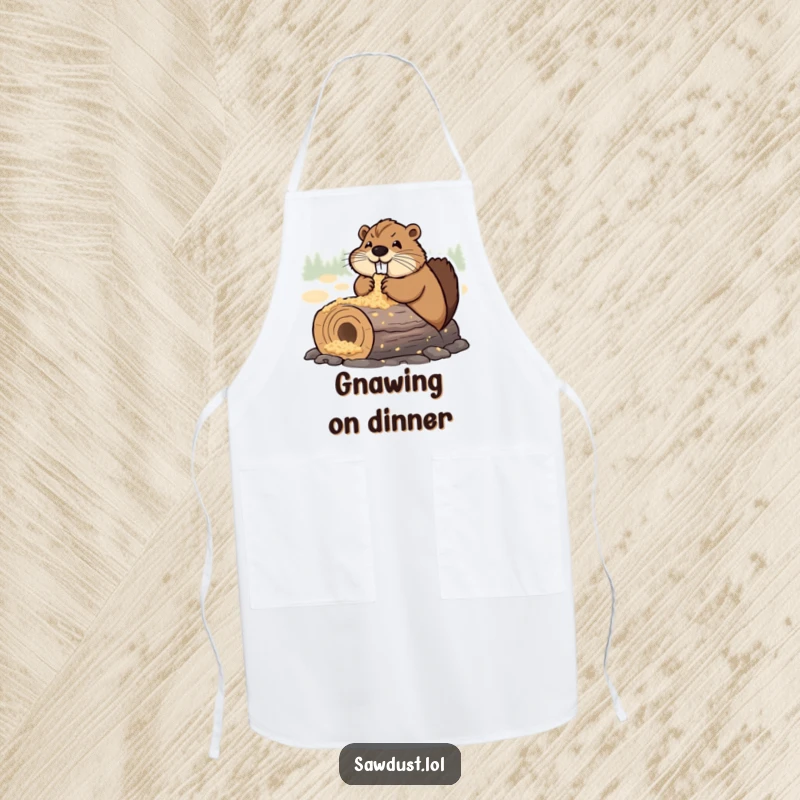 Funny Apron showing a determined beaver happily chewing a sawdust-covered log, ideal for a dedicated cook or DIY enthusiast, a humorous kitchen accessory.