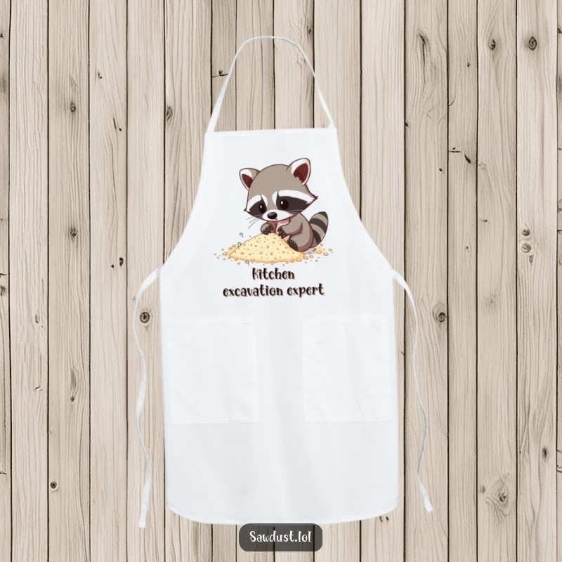 Funny apron illustration of a raccoon diligently sifting through sawdust, ready for kitchen adventures.