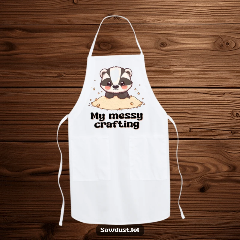 Funny Apron: A charming kitchen apron featuring an adorable badger, happily dusted with sawdust, ready for culinary fun.