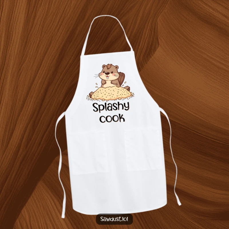 Funny apron adorned with a playful beaver splashing, perfect for joyful cooking and kitchen adventures.