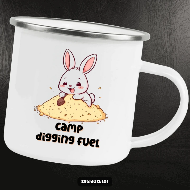 Funny camping mug showcasing a happy rabbit digging enthusiastically into sawdust, ideal for outdoor adventures.