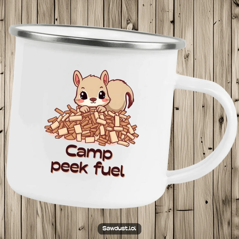 Funny camping mug showcasing a curious squirrel peeking out from wood shavings, ideal for outdoor adventures.