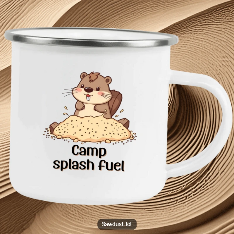 Funny camping mug showcasing a playful beaver splashing in sawdust, ideal for outdoor adventures.