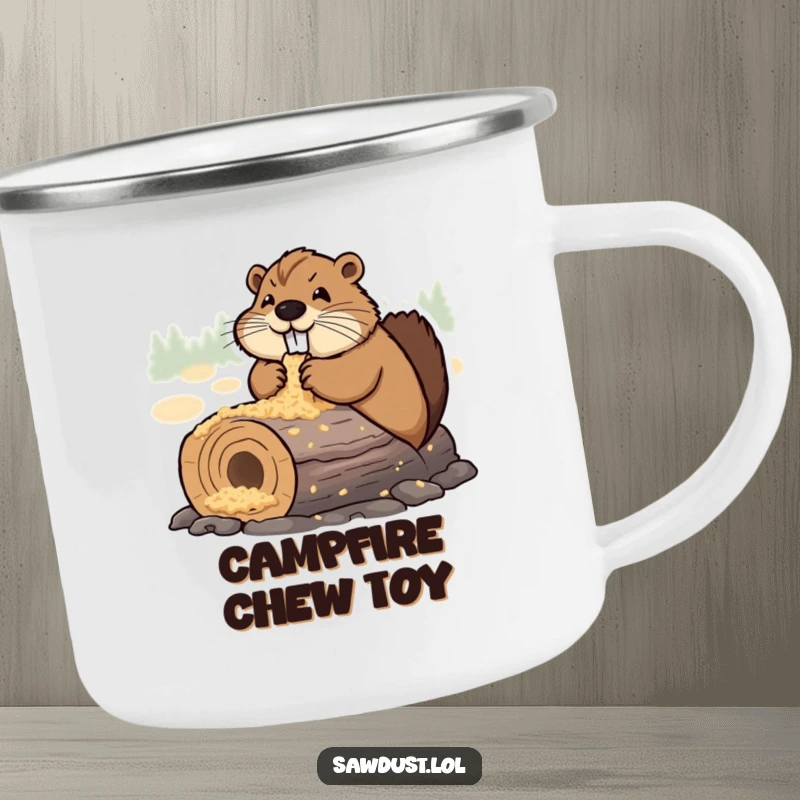 Funny Camping Mug showing a determined beaver happily chewing a sawdust-covered log, perfect for outdoor enthusiasts who appreciate humor and hard work.
