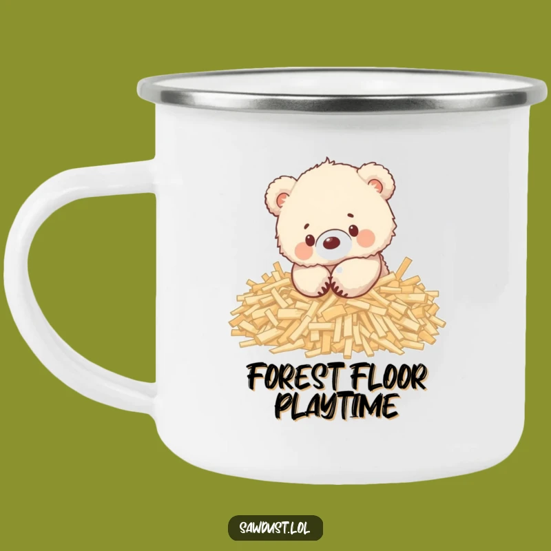 Funny Bear Cub Wood Shavings Camping Mug: Playful Enamel Cup, Adventure Gift