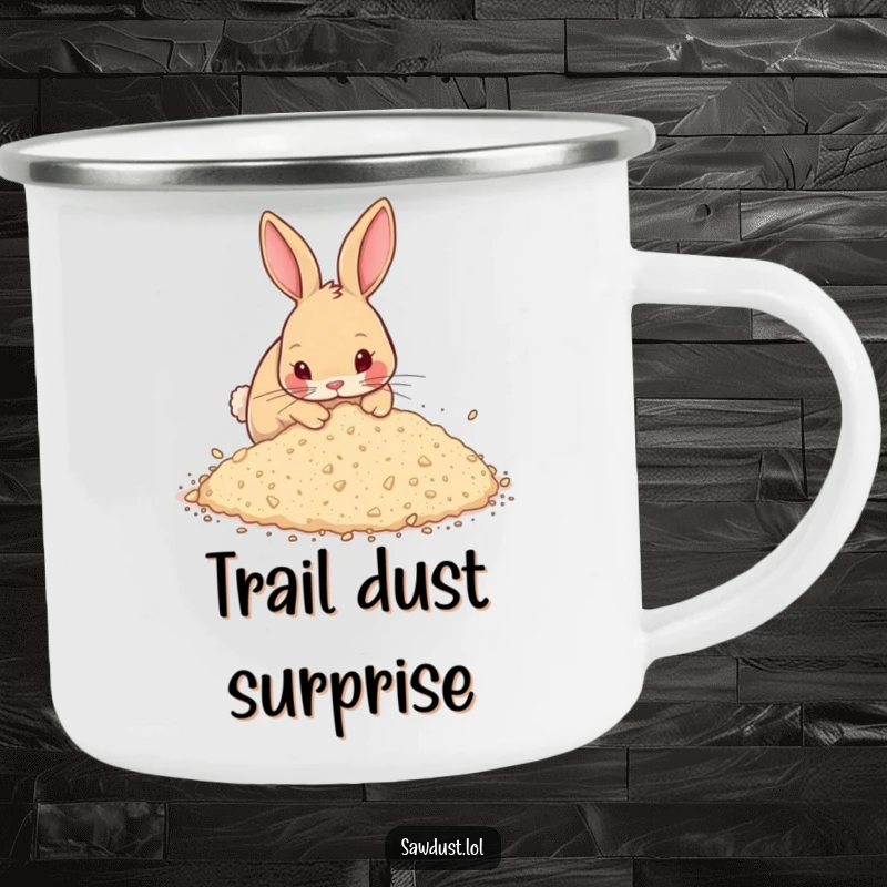 Funny Camping Mug showing a curious rabbit digging energetically in sawdust, perfect for outdoor enthusiasts who appreciate humor and adventure.