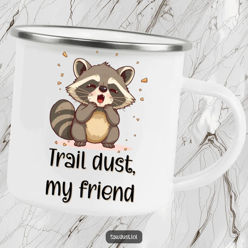 Funny Raccoon Sneeze Camping Mug featuring a raccoon sneezing dramatically outdoors, sending sawdust flying, for a humorous camping vibe.