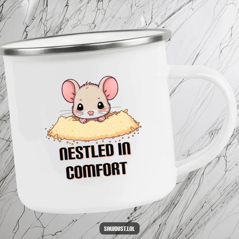 Funny Camping Mug showing a tiny mouse peeking from sawdust, perfect for outdoor enthusiasts who appreciate humor and subtle charm.