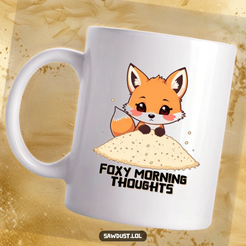 Funny mug with a playful cartoon fox peeking its head out from a pile of loose sawdust, looking curious.
