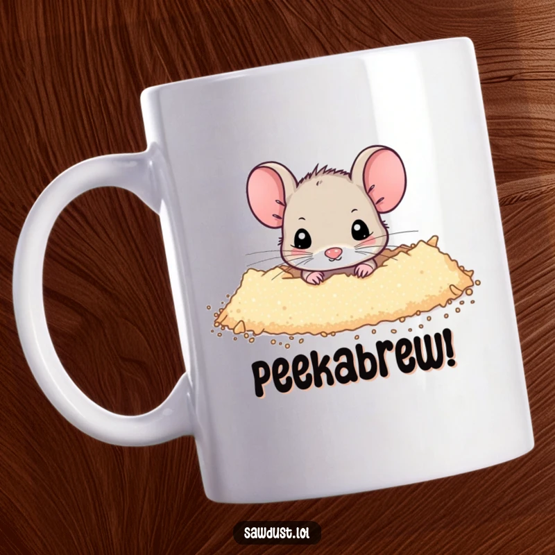 Funny Mug showing a tiny mouse peeking curiously from a soft dusting of sawdust, embodying shy charm and hidden fun.