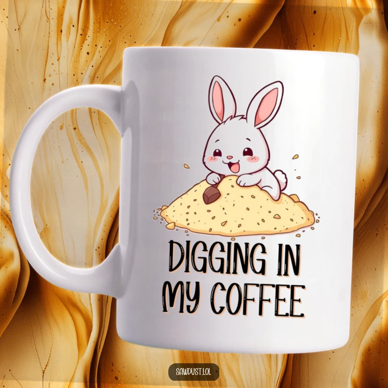 Funny mug featuring a happy rabbit digging enthusiastically into sawdust, embodying a joyful and energetic personality.