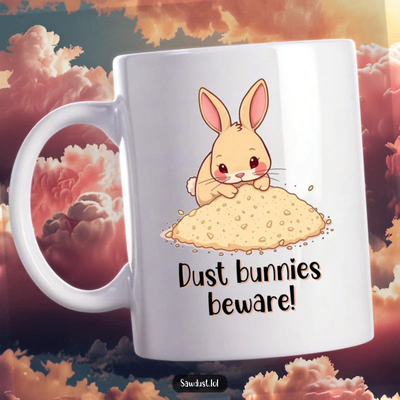 Funny Mug featuring a curious rabbit energetically digging into a large pile of sawdust, looking mischievous and playful.