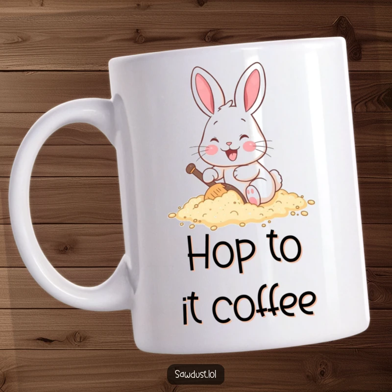 Funny mug with a cheerful cartoon rabbit joyfully digging with its paws into a pile of sawdust.