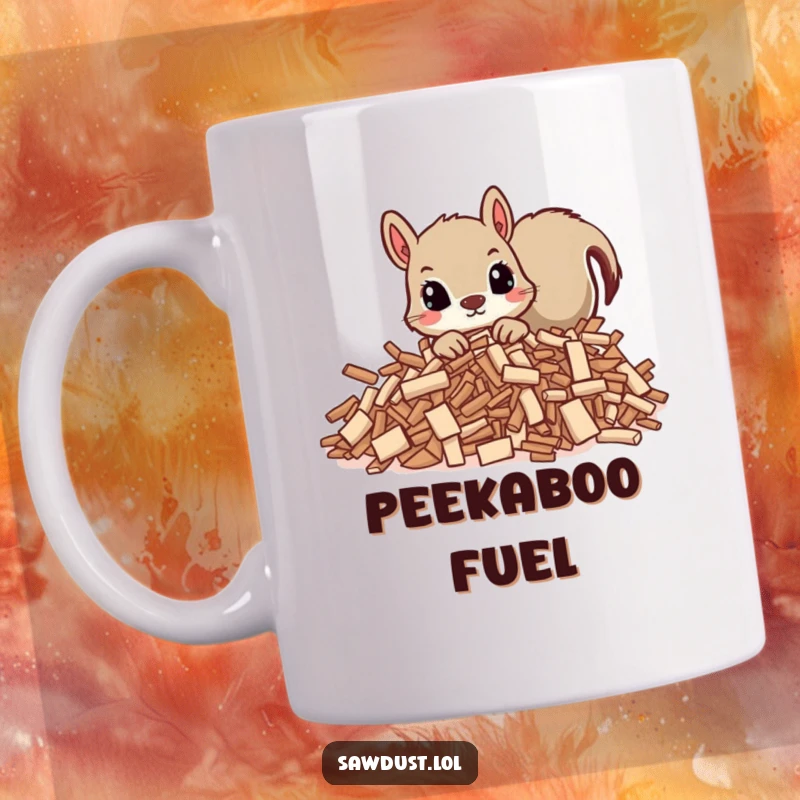 Funny mug featuring a curious squirrel peeking from behind wood shavings, embodying a playful and inquisitive spirit.