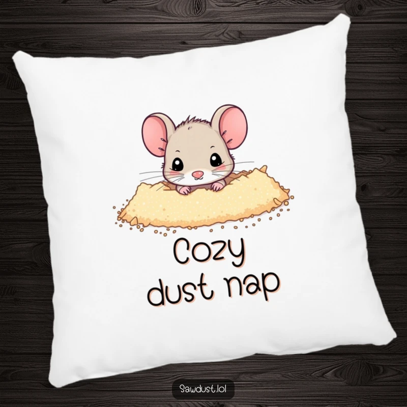 Funny Pillow featuring a tiny mouse peeking from a dusting of sawdust, offering comfort and a touch of shy, endearing humor.