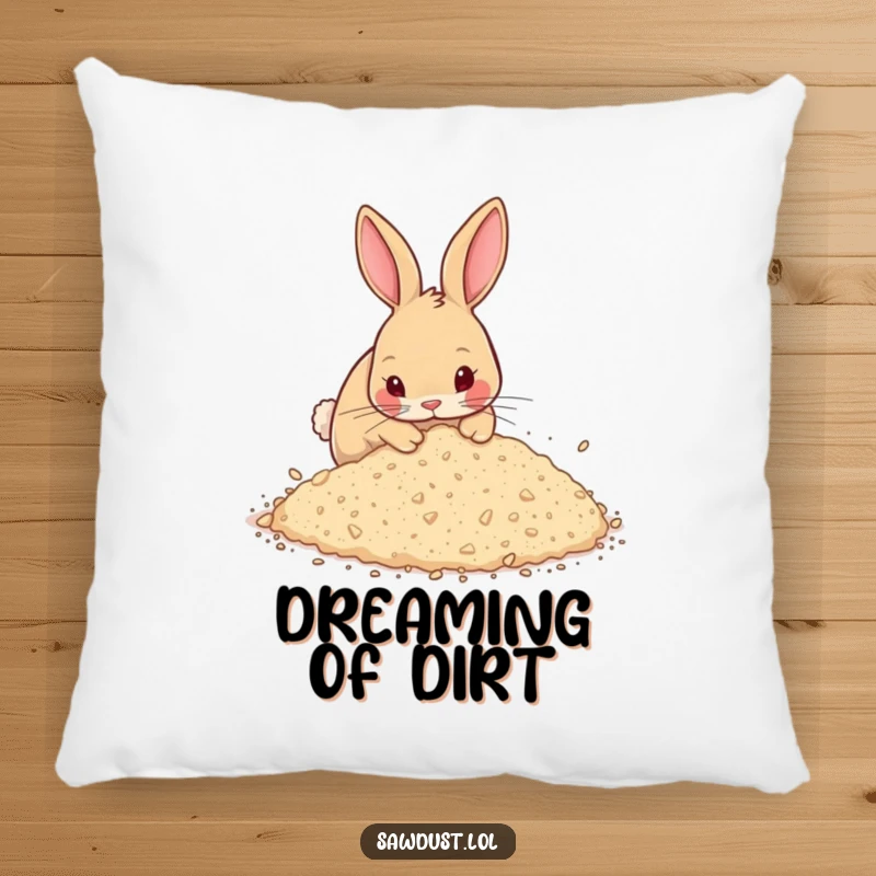 Funny Pillow featuring a curious rabbit happily digging into a large mound of sawdust, offering comfort and a touch of humor.