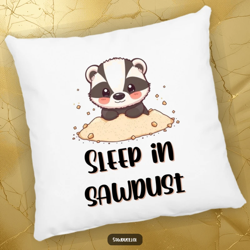 Funny Pillow: A plush and comfy pillow showcasing a happy badger, generously covered in a delightful puff of sawdust.