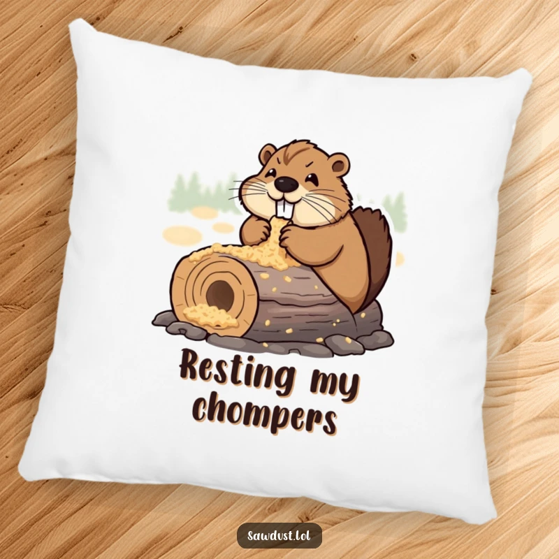 Funny Pillow featuring a determined beaver happily chewing a sawdust-covered log, providing comfort with a touch of industrious humor.