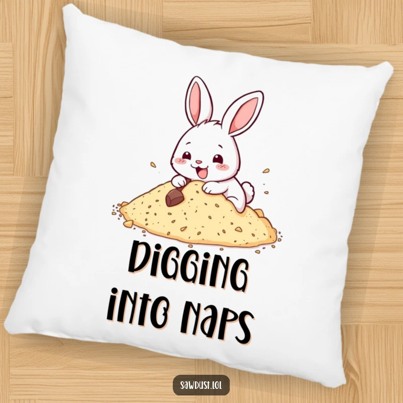 Funny pillow featuring a happy rabbit digging enthusiastically into sawdust, offering comfort and a charming accent.