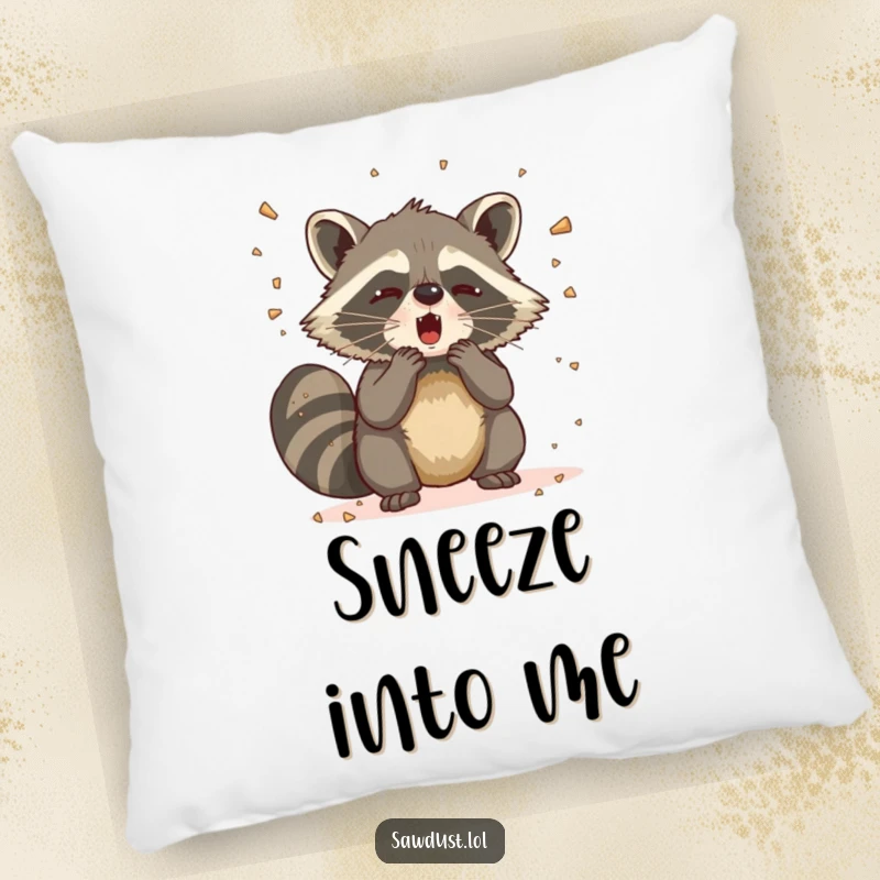 Funny Raccoon Sneeze Pillow showcasing a raccoon letting out a powerful sneeze, sending a comical spray of sawdust flying.