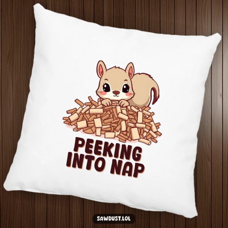 Funny pillow featuring a curious squirrel peeking out from wood shavings, offering comfort and a charming accent.