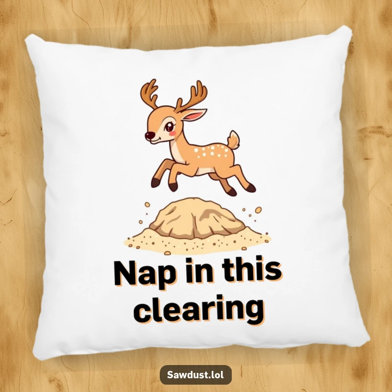 Funny pillow design showing a deer making a spectacular leap over a small mound of sawdust, adding cheer.