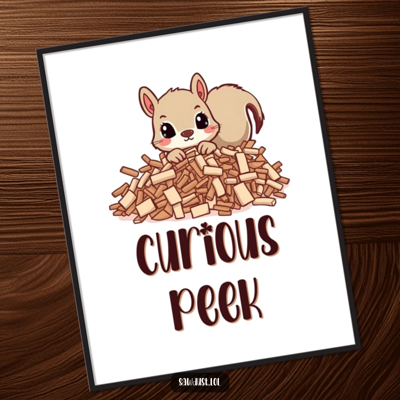 Funny digital art print of a curious squirrel peeking from wood shavings, adding instant charm to any digital space.