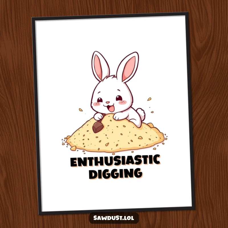 Funny digital art print of a happy rabbit digging enthusiastically into sawdust, adding instant charm to any digital space.