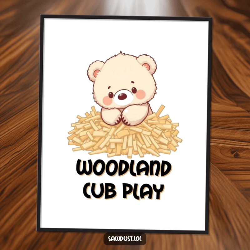 Funny digital art print of a happy, fluffy bear cub playing enthusiastically in a pile of wood shavings.