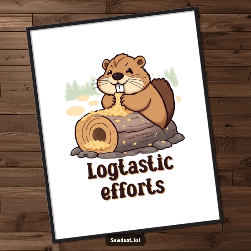 Funny Digital Art Print of a determined beaver happily chewing on a sawdust-covered log, capturing a whimsical and humorous scene for your walls.