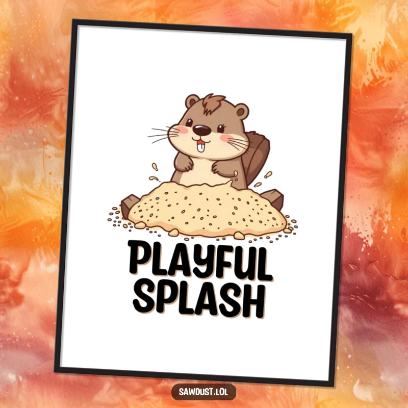Funny digital art print of a playful beaver splashing in sawdust, adding instant charm to any digital space.