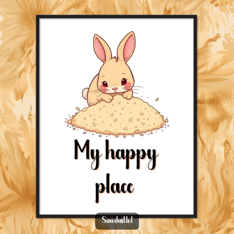 Funny Digital Art Print of a curious rabbit digging energetically in a sawdust pile, capturing a whimsical and humorous moment for your walls.