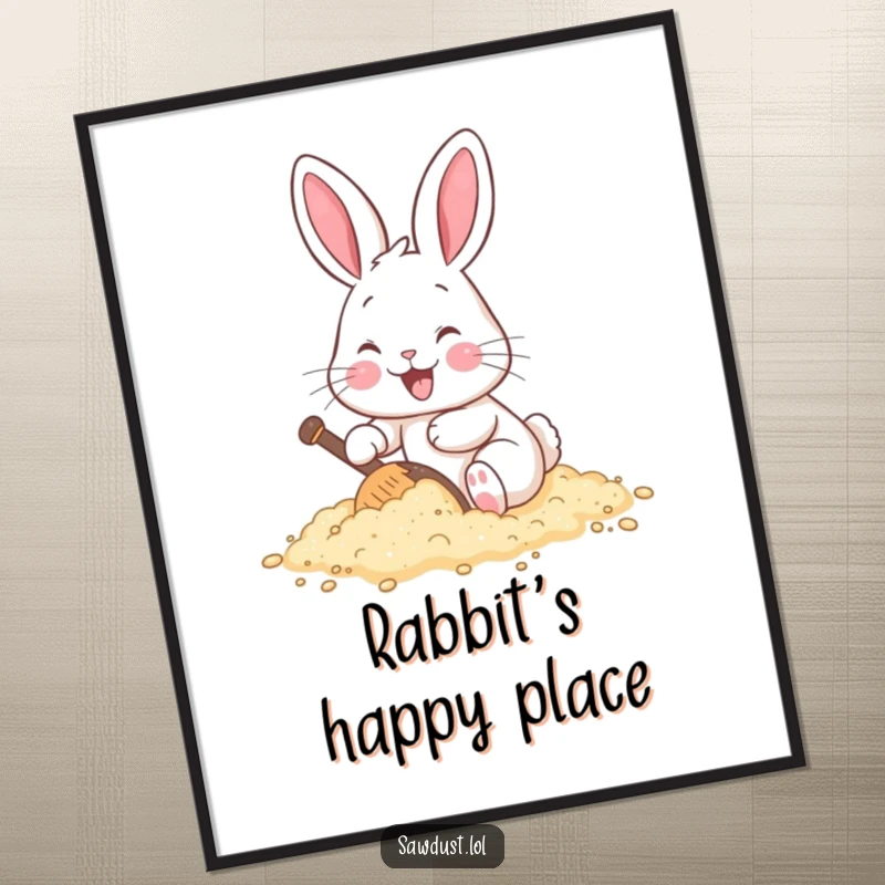 Funny digital art print of a happy cartoon rabbit enthusiastically digging in a pile of sawdust.