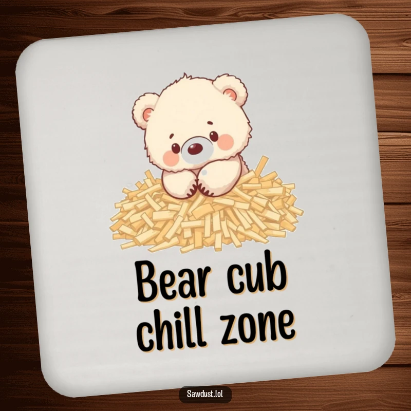 Funny drink coaster featuring a fluffy bear cub playing joyfully in a pile of wood shavings, protecting surfaces.