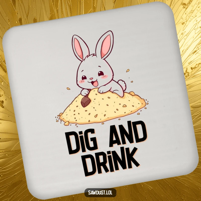 Funny drink coaster featuring a happy rabbit digging enthusiastically into sawdust, protecting surfaces with charm.