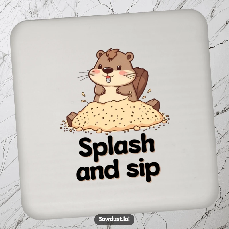 Funny drink coaster featuring a playful beaver splashing in sawdust, protecting surfaces with charm.