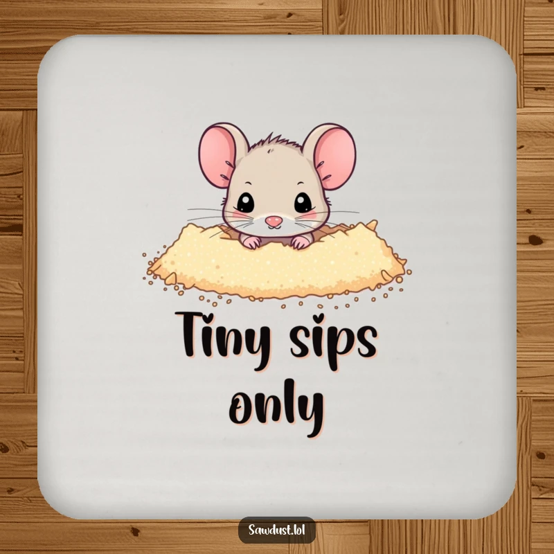 Funny Drink Coaster featuring a tiny mouse peeking from a dusting of sawdust, adding a humorous and charming touch to drink service.