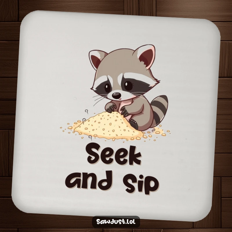 Funny coaster art of a raccoon diligently sifting through sawdust, adding a touch of humor to your table.