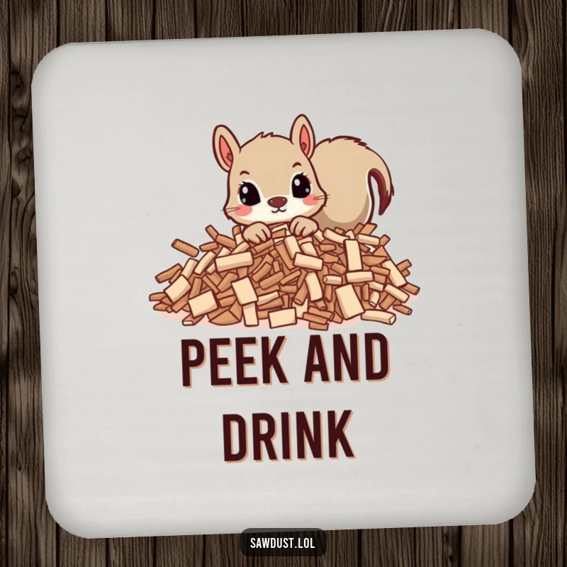 Funny drink coaster featuring a curious squirrel peeking from behind wood shavings, protecting surfaces with charm.