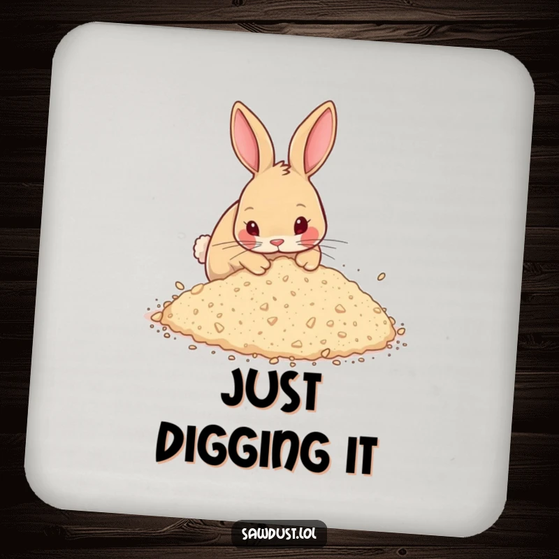 Funny Drink Coaster featuring a close-up of a curious rabbit energetically digging in sawdust, adding a humorous touch to drink service.