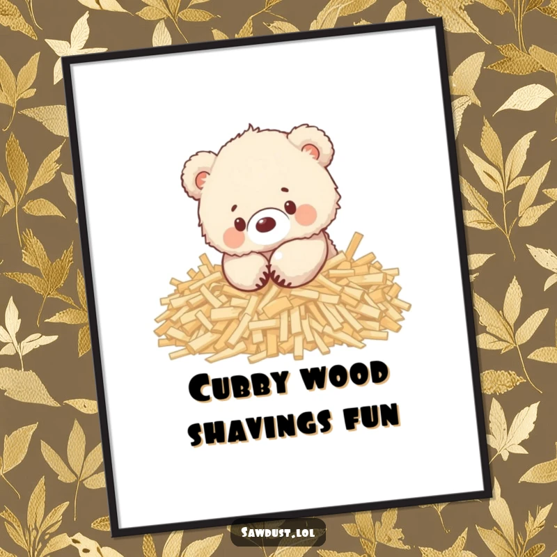 Funny poster art depicting a cute, fluffy bear cub having a wonderful time digging in a pile of wood shavings.