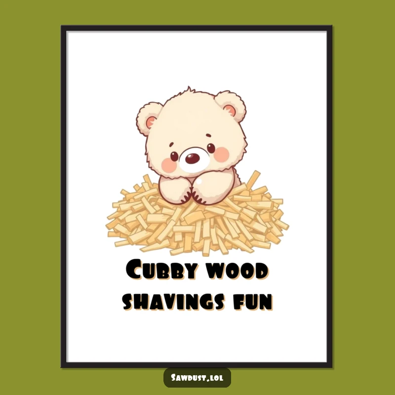 Funny Bear Cub Wood Shavings Poster: Playful Art Print, Whimsical Decor