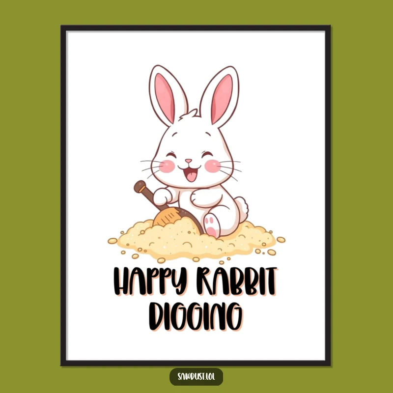 Funny Rabbit Digging Sawdust Poster: Cheerful Art Print, Whimsical Decor