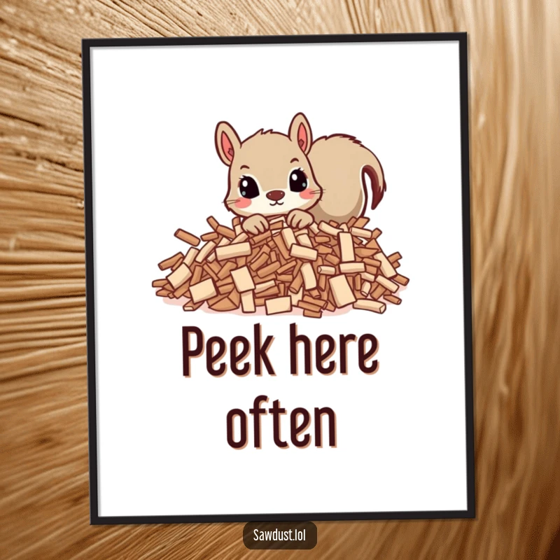 Funny poster showcasing a curious squirrel peeking from behind wood shavings, bringing a touch of playful mystery to any wall.