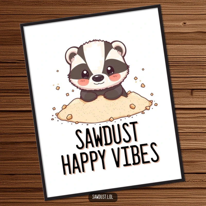 Funny Poster: A charming illustration of a small badger, looking happy and content, dusted with a fluffy cloud of fine sawdust.
