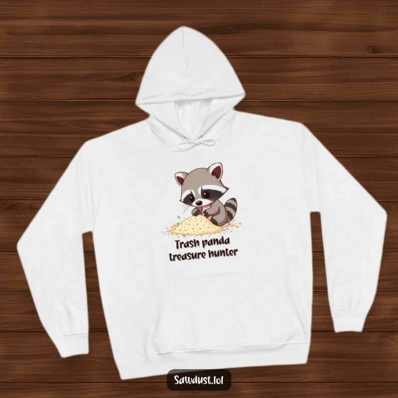 Funny hoodie design featuring a raccoon intently digging through a pile of sawdust, embodying curiosity.