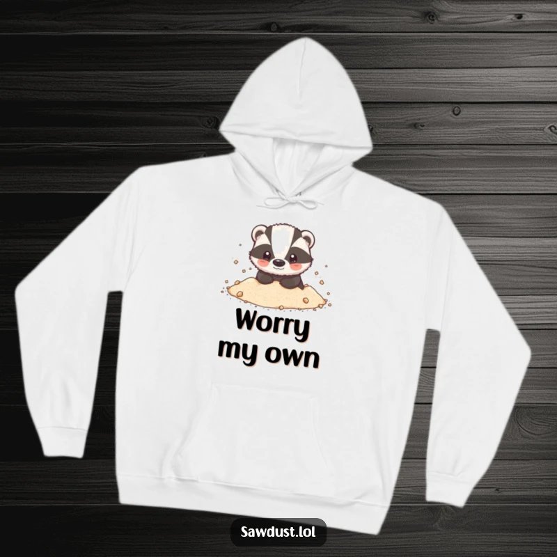 Funny Hoodie: A soft, warm hoodie featuring a happy badger, generously dusted with a cloud of light sawdust.